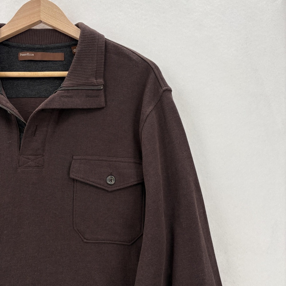 Perry Ellis Sweater Mens 2XL Brown Cotton Blend 1/4 Zip Collared Pullover Pocket - Picture 2 of 13